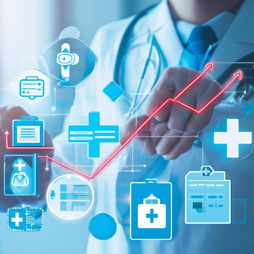 Arrows and trend lines representing predictions over healthcare icons, such as a medical cross, billing forms, and patient payment symbols, symbolizing predictive analytics in revenue cycle management