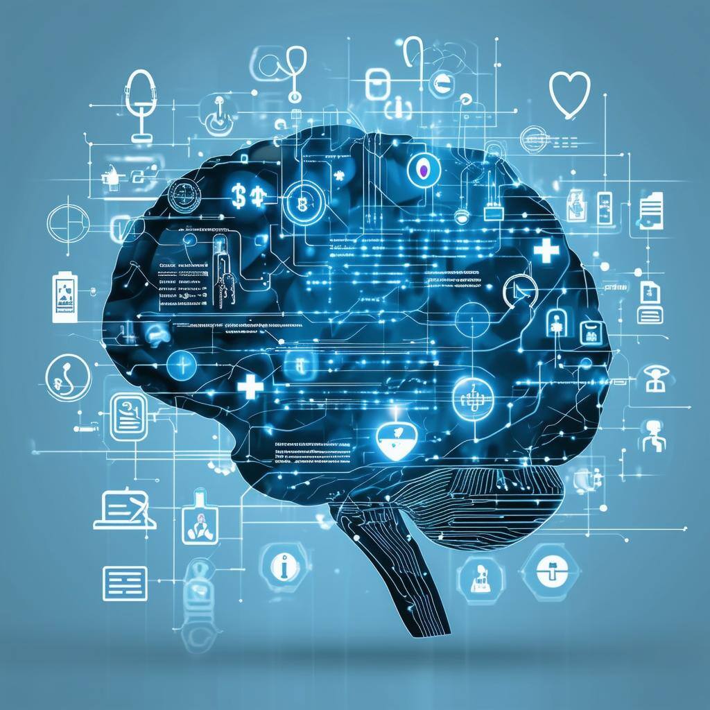 digital brain with circuit patterns, integrated with medical symbols like stethoscopes, healthcare icons, and billing forms, representing the use of AI technology in streamlining medical billing processes