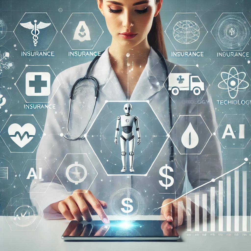 A healthcare professional using a tablet with digital icons around them representing insurance (shield symbols), AI technology (robot or AI symbols), and growth charts with dollar signs. The image emphasizes the integration of technology, healthcare, and financial growth, with a modern, futuristic design in a neutral, professional color palette.