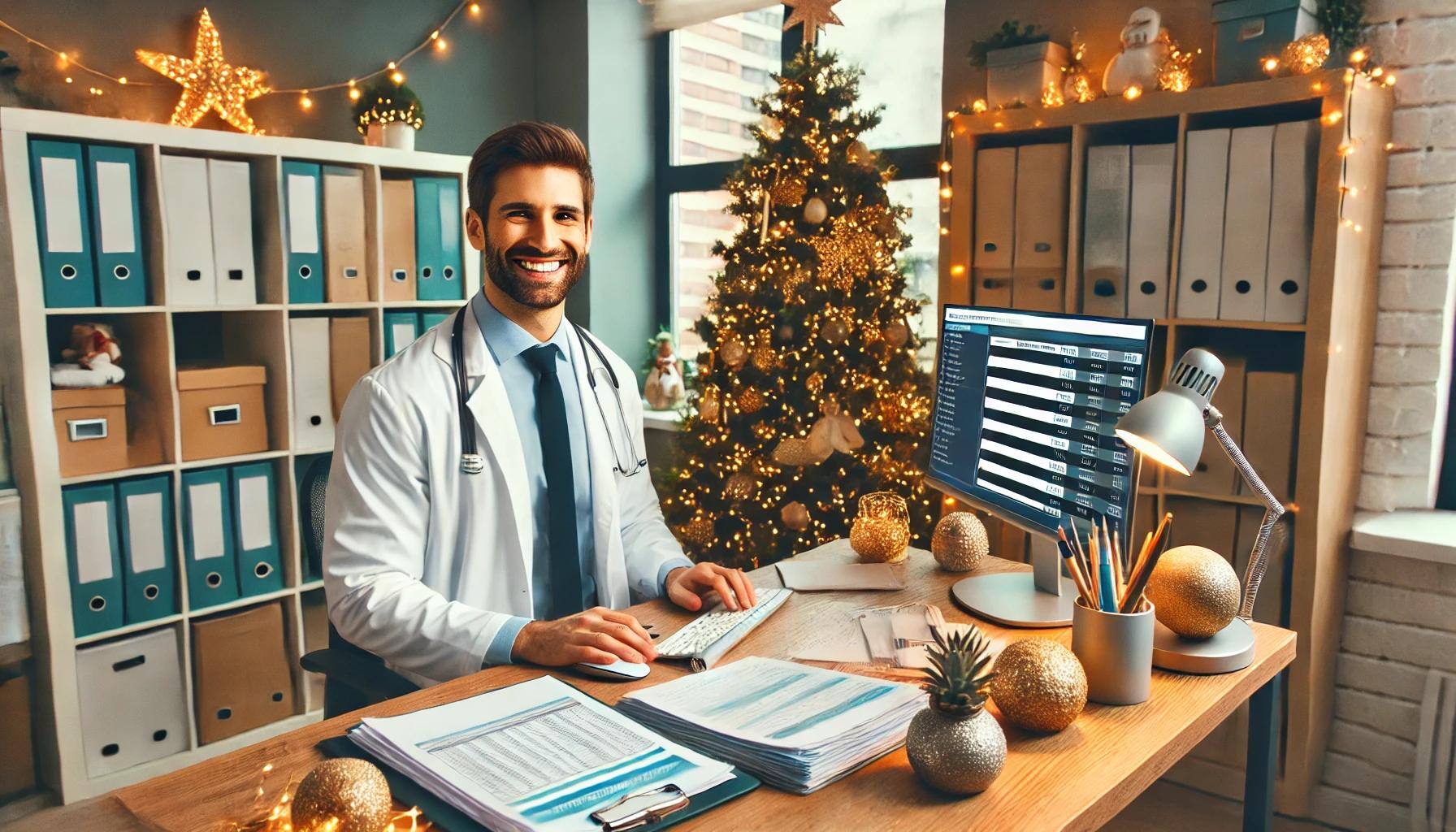 An inviting medical office decorated for Christmas, featuring a cheerful atmosphere with a Christmas tree, string lights, and ornaments. A healthcare provider in a white coat is seated at a desk, smiling while reviewing financial data on a computer. Medical billing charts and patient files are neatly organized, reflecting a professional yet festive environment that balances holiday warmth with productivity