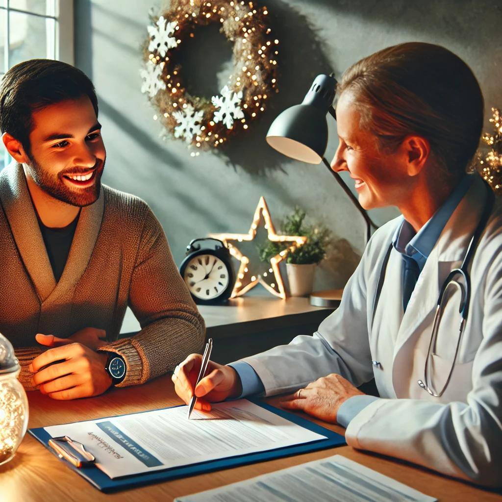 A doctor and a patient sitting at a desk discussing financial documents in a warm, inviting setting with subtle holiday decorations like a wreath and fairy lights in the background, emphasizing trust, empathy, and collaboration.